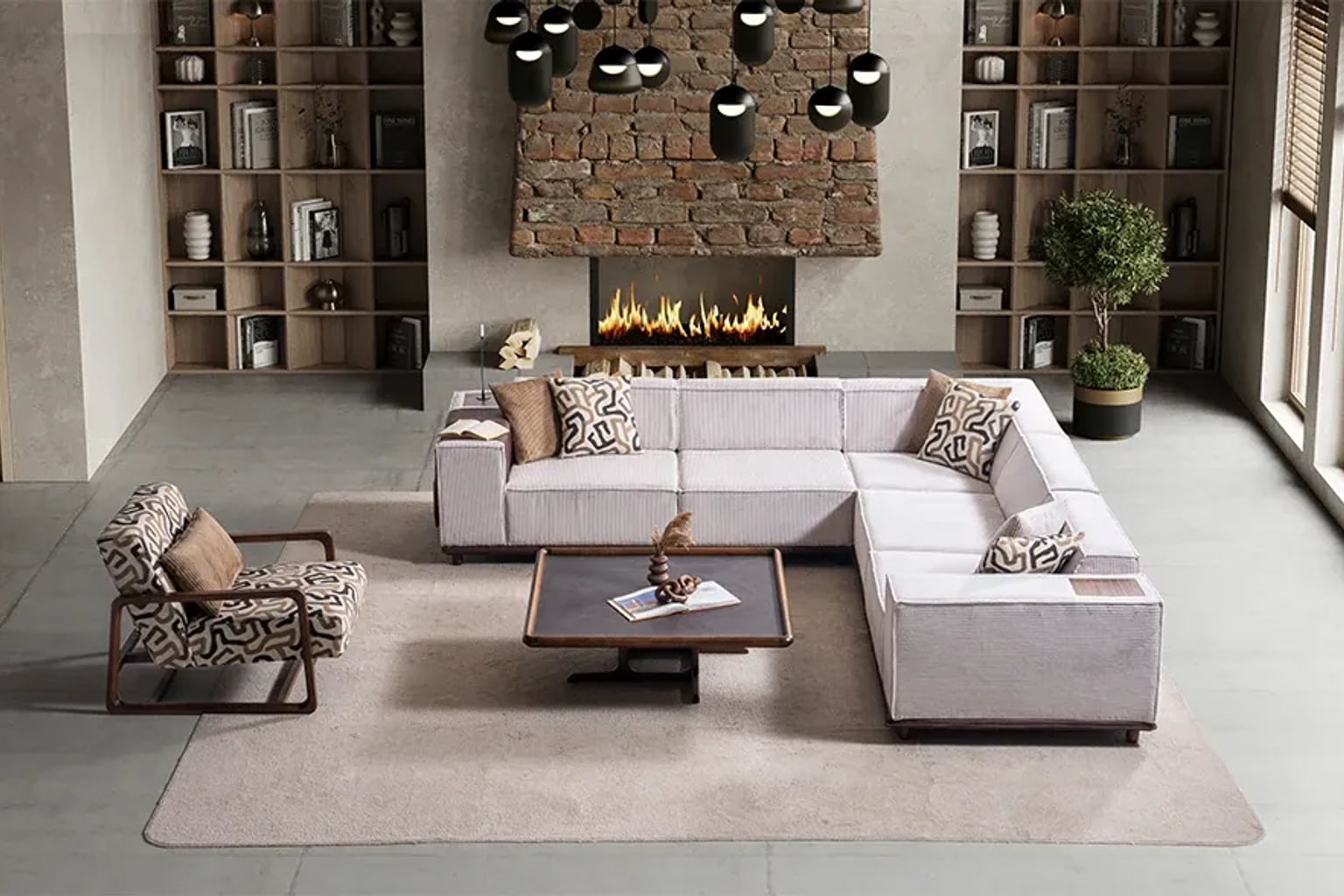 Derin bordo kadife bir koltuk takımı ve üzerinde katmanlı battaniyelerle dekore edilmiş, kış temalı sıcak ve modern bir salon. Geniş pencereden giren yumuşak doğal ışık, mekanı aydınlatıyor.