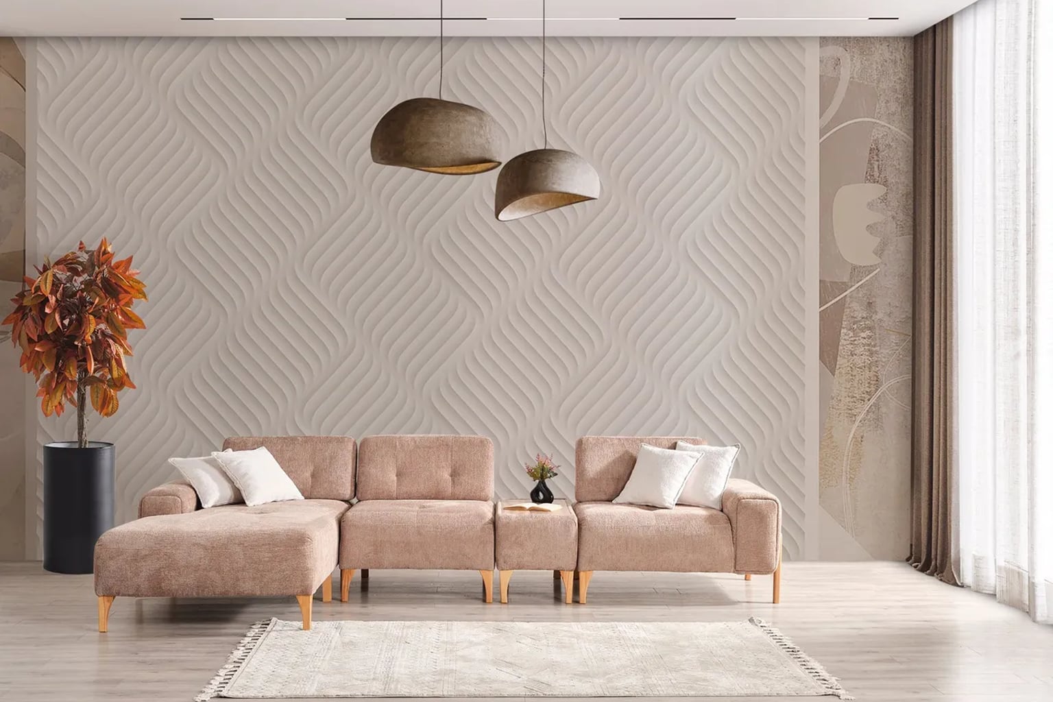Modern ve ferah bir salon, ortada sıcak bej kumaşlı, köşe konumlandırılmış bir koltuk takımı ve şık bir orta sehpa.