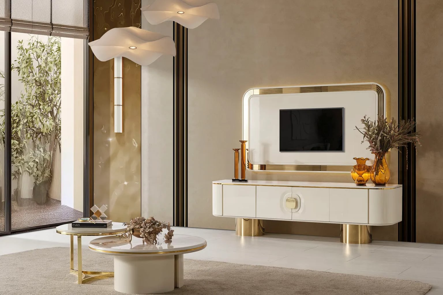 Modern TV ünitesinin bulunduğu, sıcak ve doğal ışıkla aydınlatılmış salon.