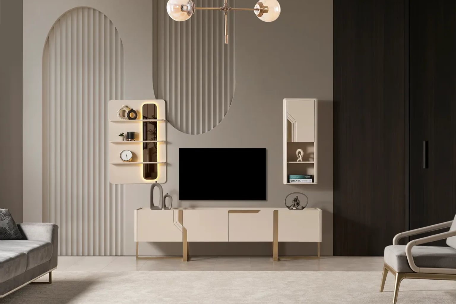 Doğal ahşap ve yeşil tonlarının hakim olduğu, şık TV ünitesinin ortalandığı modern bir salon.