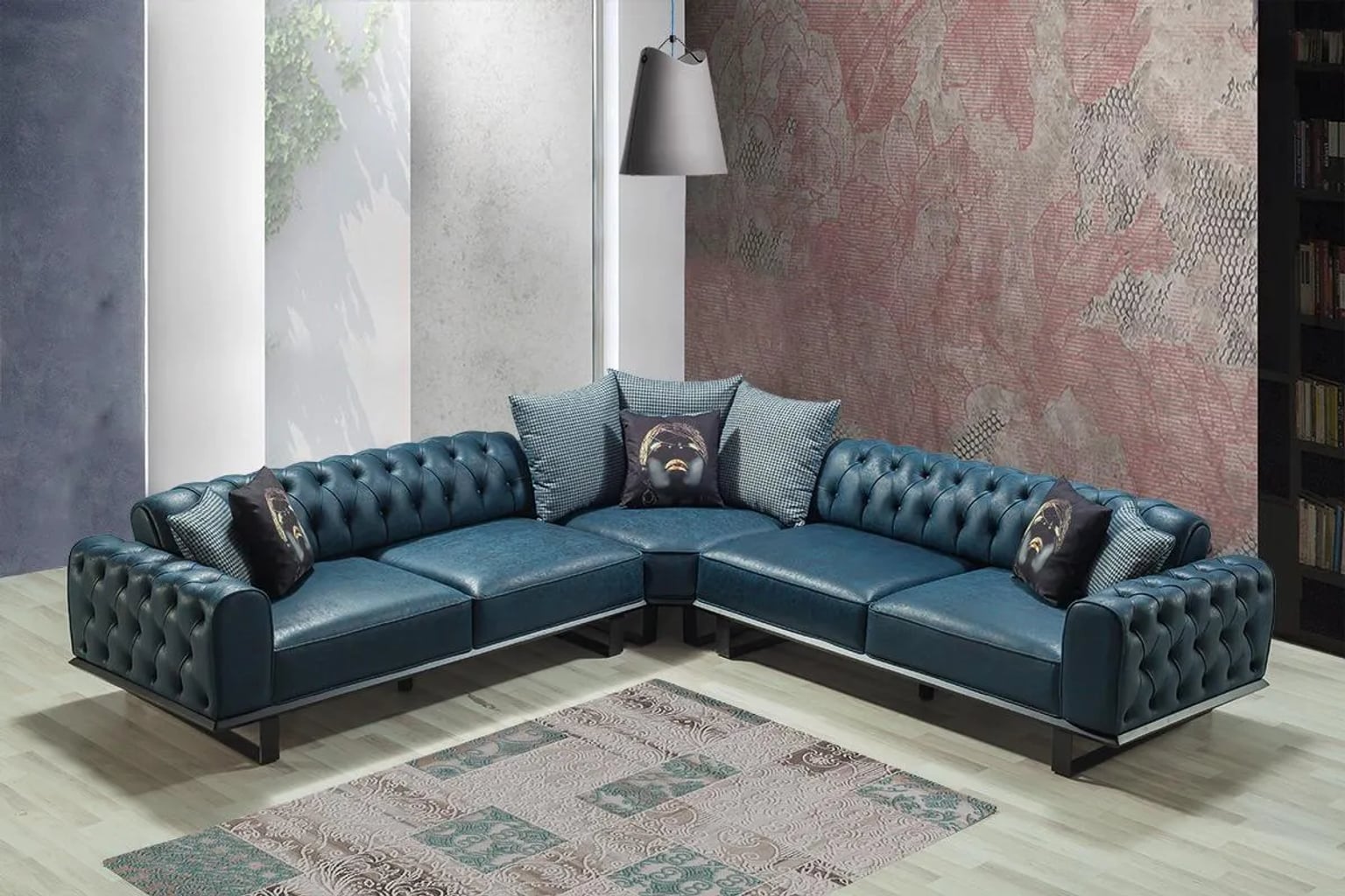 Yataklı köşe koltuk takımı ile dekore edilmiş, bej ve krem tonlarında, ahşap detaylara sahip, doğal ışık alan modern ve konforlu bir salon görünümü.